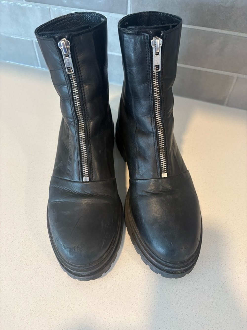 Miz Mooz Black Leather Front-Zip Combat Boots